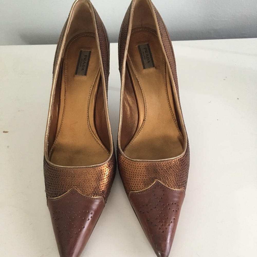 PRADA - Gold Sequin Brown Leather High Heel Pumps